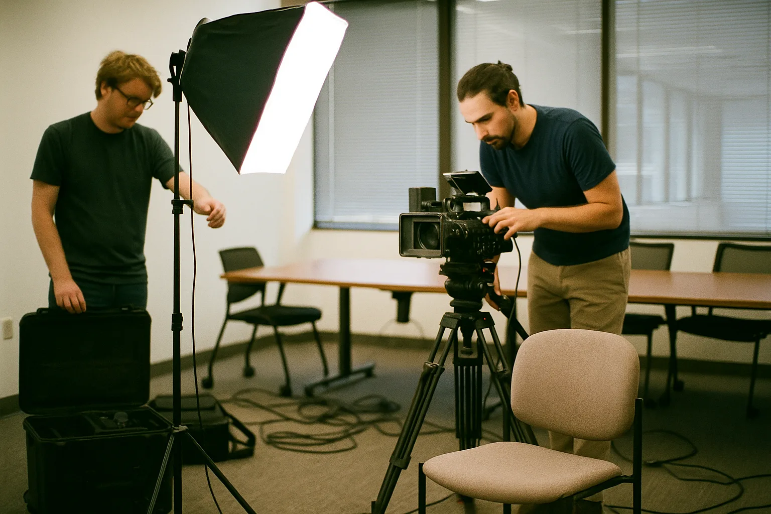 A two-person video crew setting up a camera and softbox light in a corporate meeting room