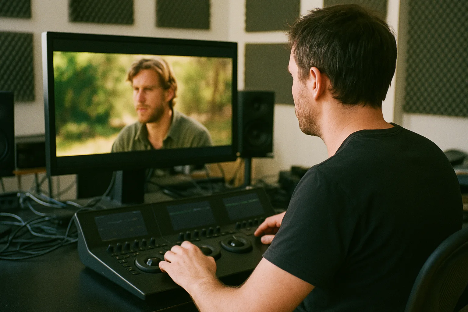 A colorist grading footage at a control panel in a video post-production suite