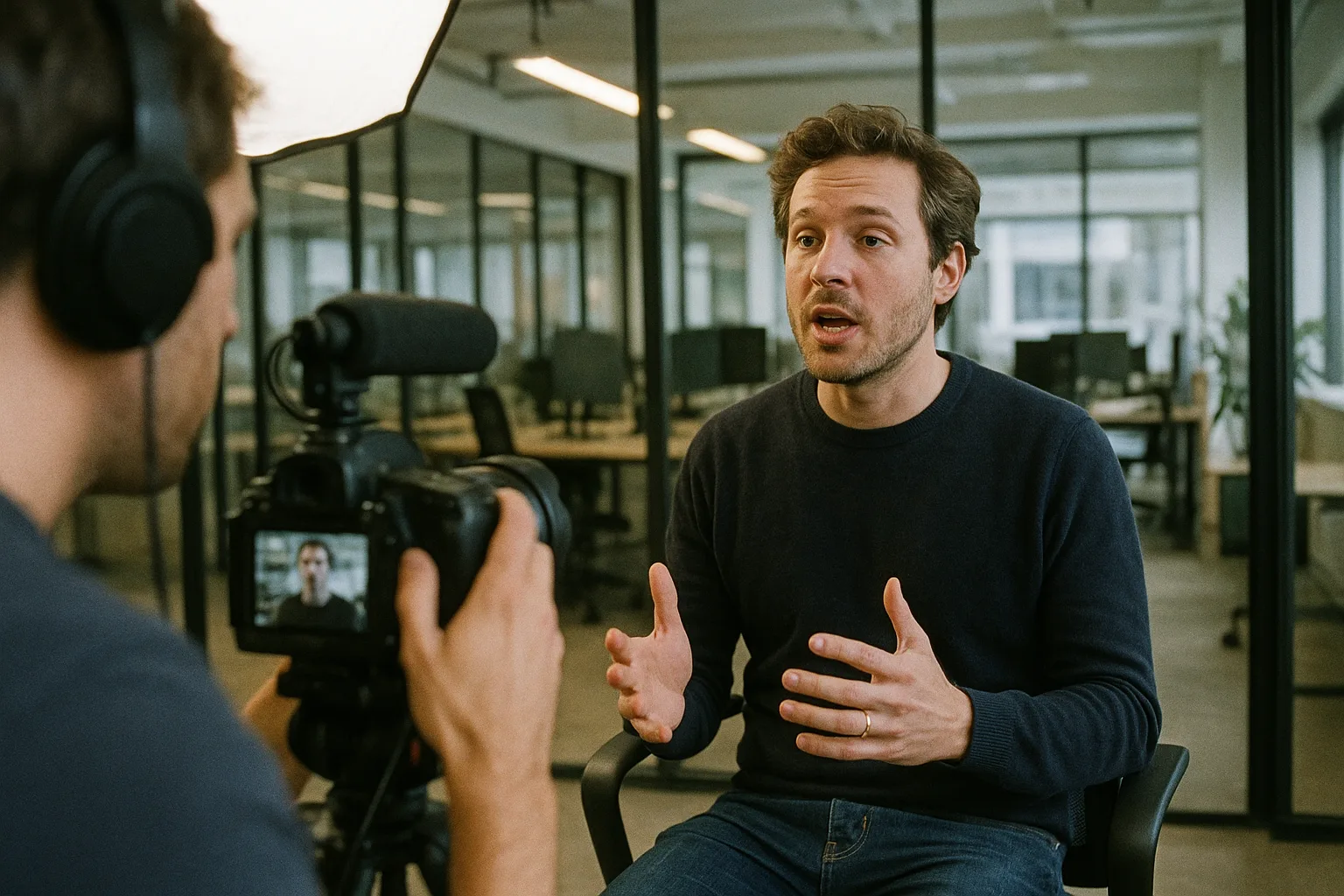 A startup founder being filmed on camera during a brand film shoot in a modern office