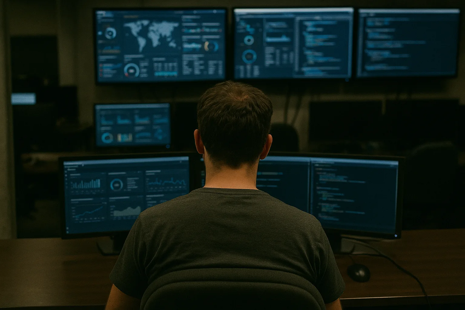 A security operations analyst monitoring dashboards on a wall of screens in a dark operations center