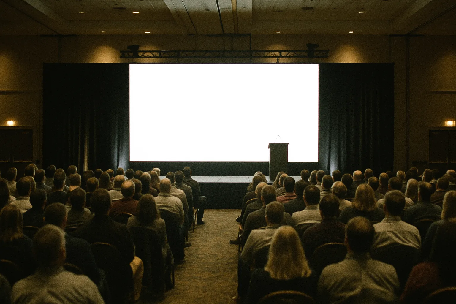 A conference general session with a large screen and podium on a dark stage above a seated audience