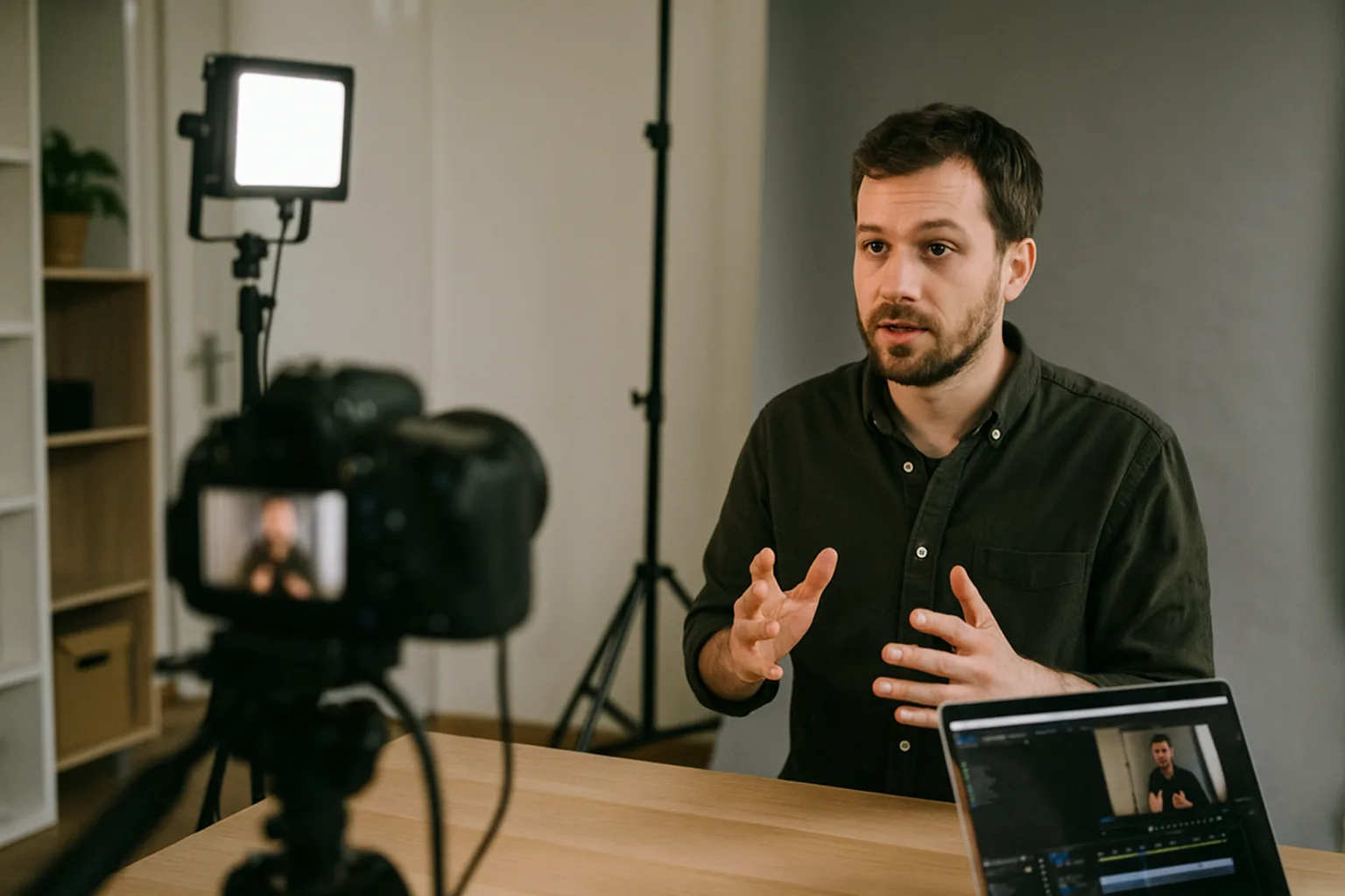 A presenter being filmed beside a laptop running editing software during a product video shoot